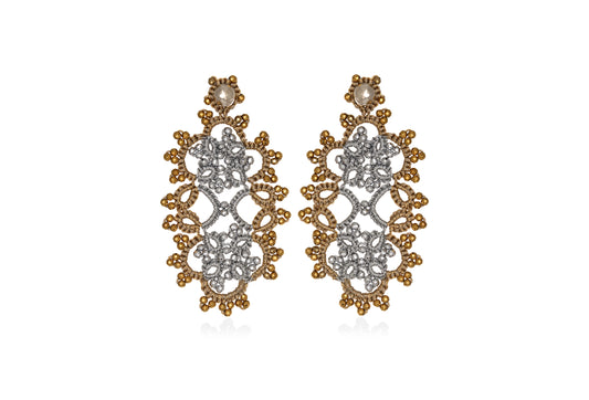 Art Deco bi-tone small lace earrings, silver gold